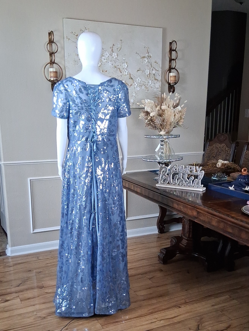 New Women's Dusty Blue Sequin Lace Evening Formal High Low Dress Size 14 - Picture 10 of 16